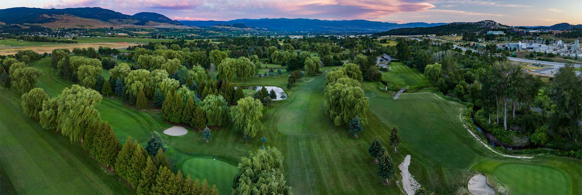 Bird's eye view of Shadow Ridge Golf Club with pink sky